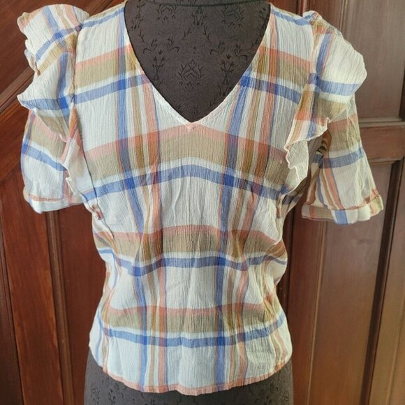 Madewell Tops - Madewell Women's V-Neck Shoulder-Ruffle Top in Plaid size XS